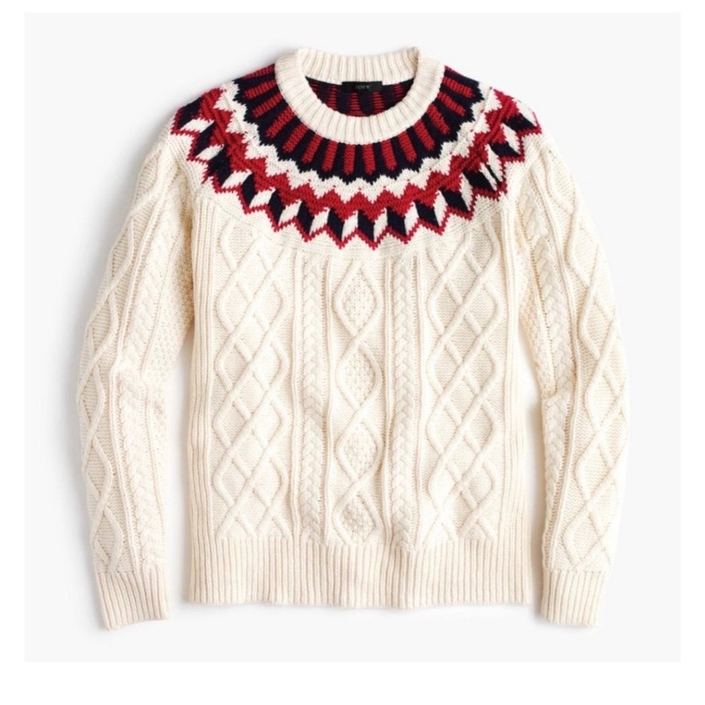 J.Crew Womens Fair Isle Cable Knit Chunky Sweater XS Cream Red Navy Merino Wool